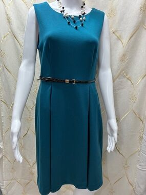 Calvin Klein Teal Sleeveless Sheath Dress with Black Belt